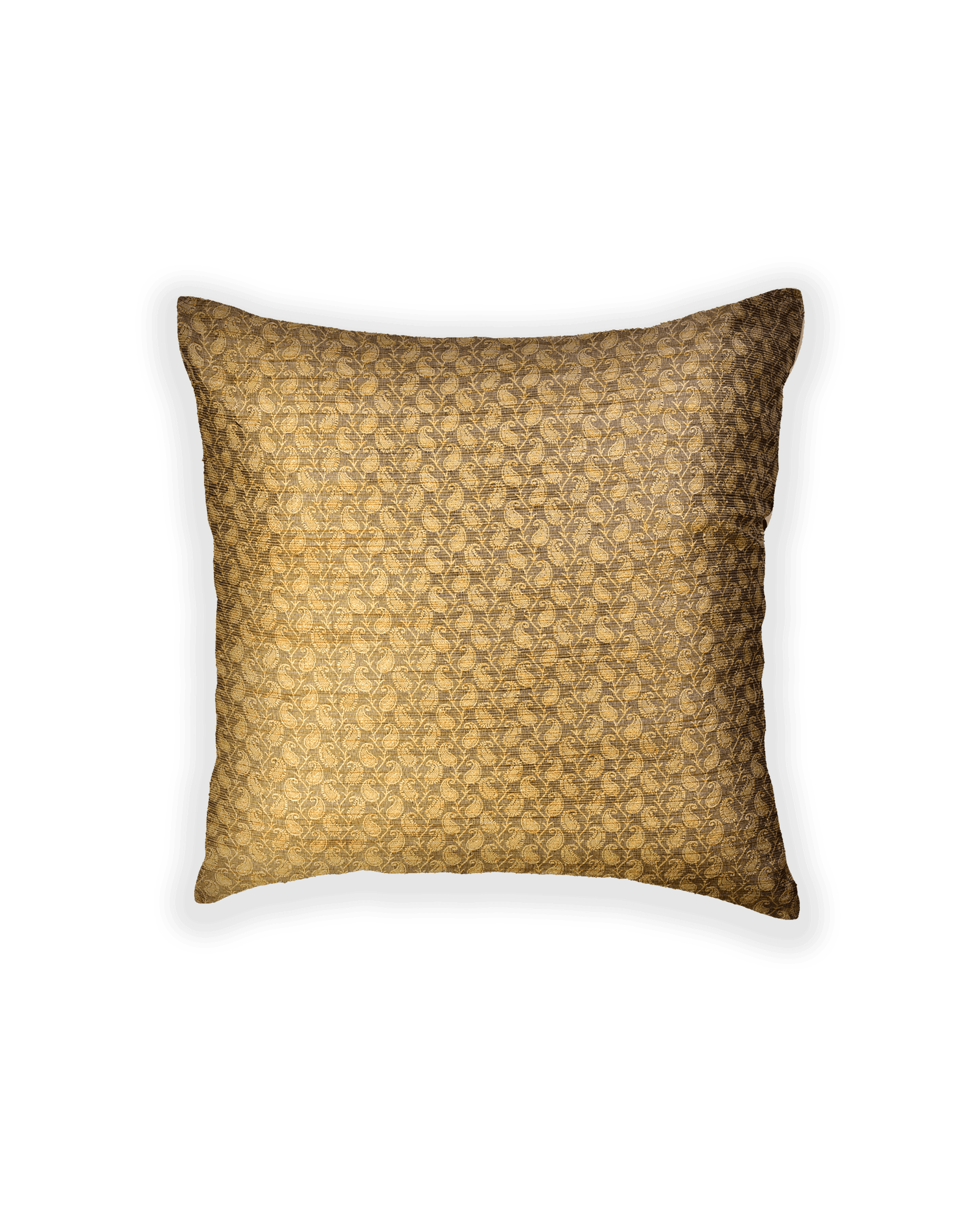 Beige Banarasi Tanchoi Poly Cotton Cushion Cover 16" - By HolyWeaves, Benares