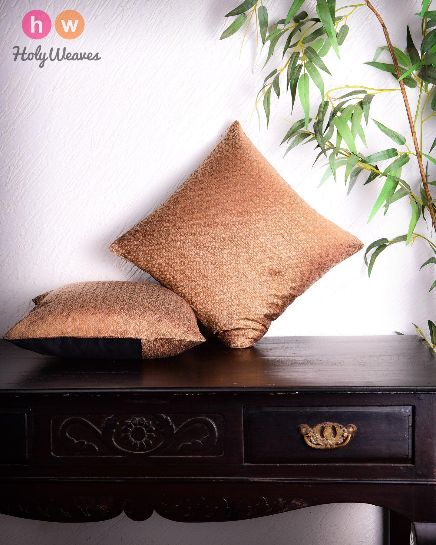 Beige Banarasi Tanchoi Poly Silk Cushion Cover 16" - By HolyWeaves, Benares