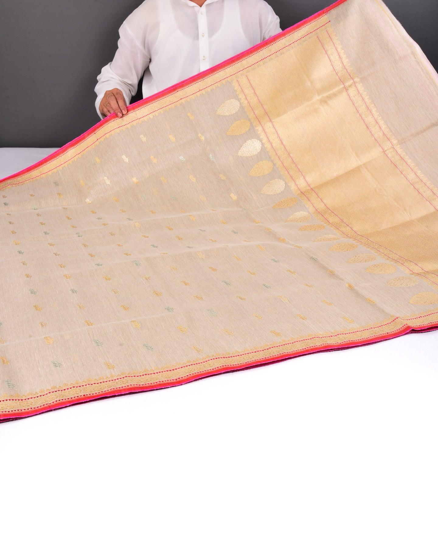 Beige Banarasi Zari Buti Kadhuan Brocade Handwoven Linen Silk Saree with 2-tone Selvage - By HolyWeaves, Benares