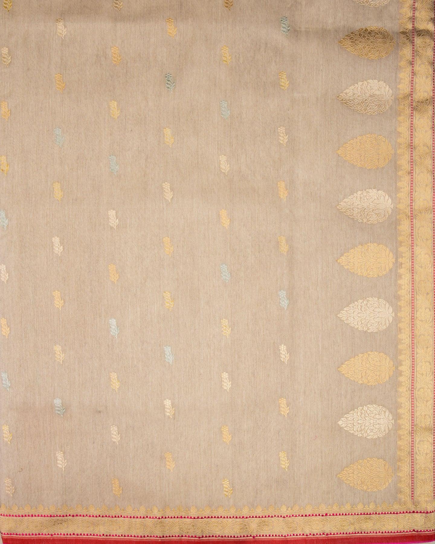 Beige Banarasi Zari Buti Kadhuan Brocade Handwoven Linen Silk Saree with 2-tone Selvage - By HolyWeaves, Benares