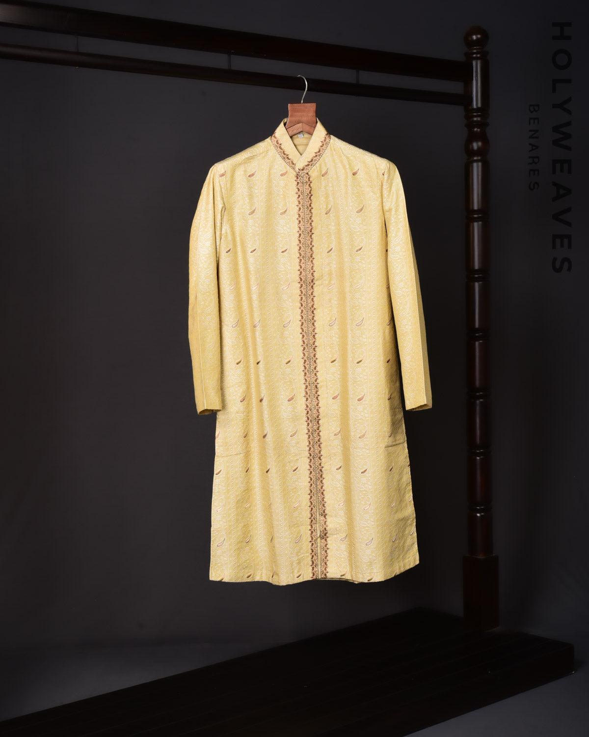 Beige Hand-embroidered Cotton Silk Mens Kurta Pyjama - By HolyWeaves, Benares