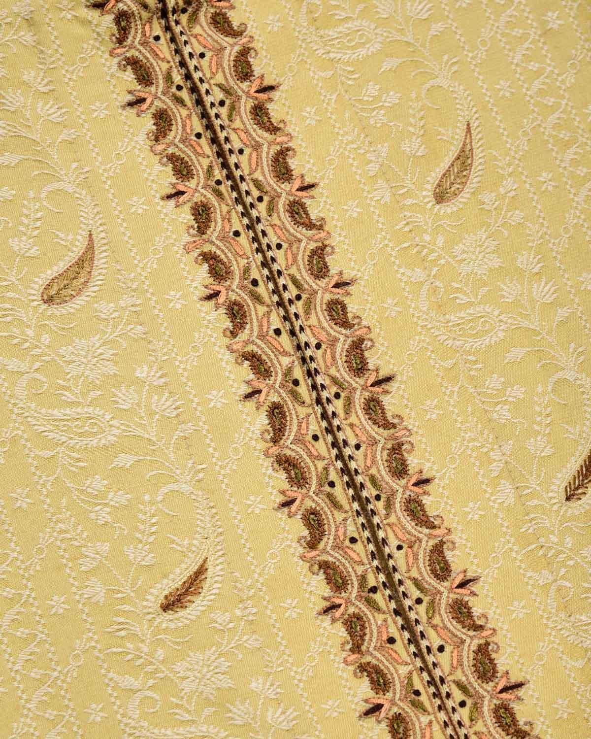 Beige Hand-embroidered Cotton Silk Mens Kurta Pyjama - By HolyWeaves, Benares