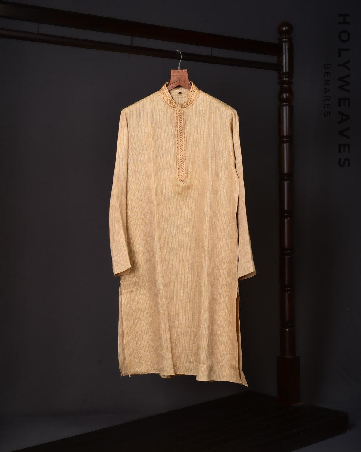 Beige Hand-embroidered Linen Silk Mens Kurta Pyjama - By HolyWeaves, Benares