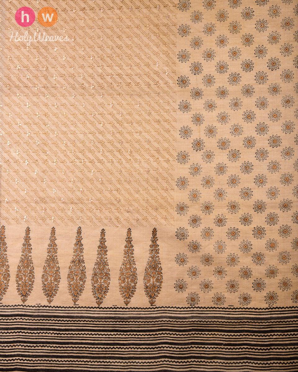 Beige Hand-embroidered Printed Handwoven Muga Silk Dupatta - By HolyWeaves, Benares
