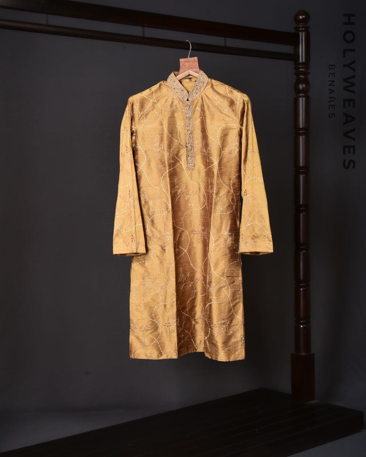 Beige Hand-embroidered Raw Silk Mens Kurta Pyjama - By HolyWeaves, Benares