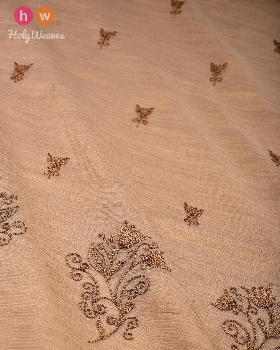 Beige Hand-embroidered Tasar Muga Tissue Dupatta - By HolyWeaves, Benares
