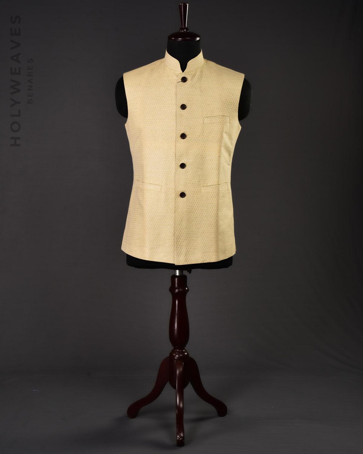 Beige Linen Silk Brocade Slim Fit Mens Modi Jacket - By HolyWeaves, Benares