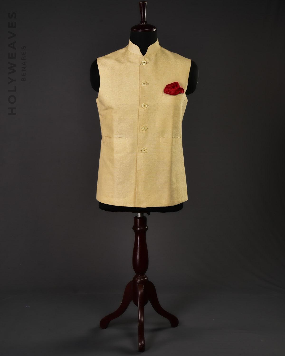 Beige Linen Silk Slim Fit Mens Modi Jacket - By HolyWeaves, Benares