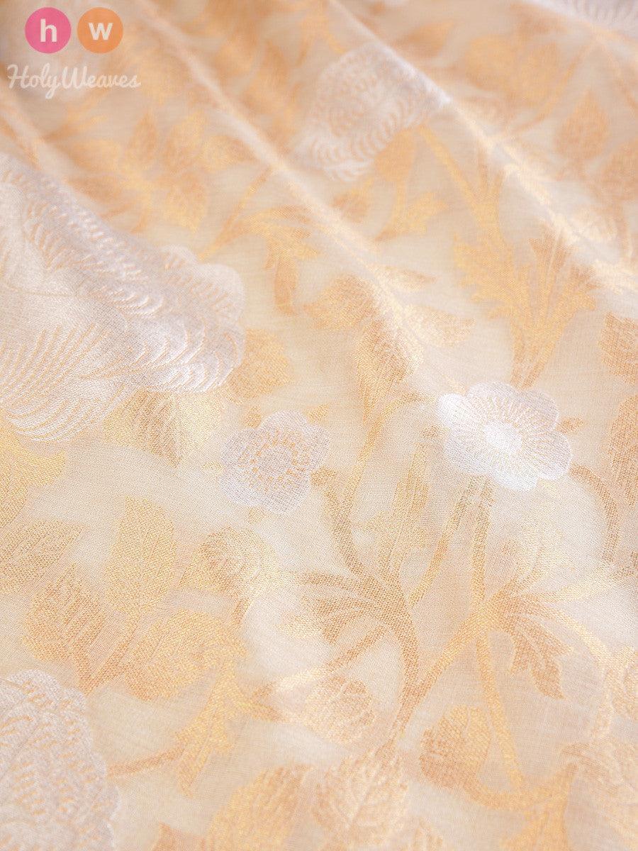 Beige Muga Silk Cutwork Brocade Gold-Silver Alfi (अल्फ़ी) Handwoven Fabric - By HolyWeaves, Benares