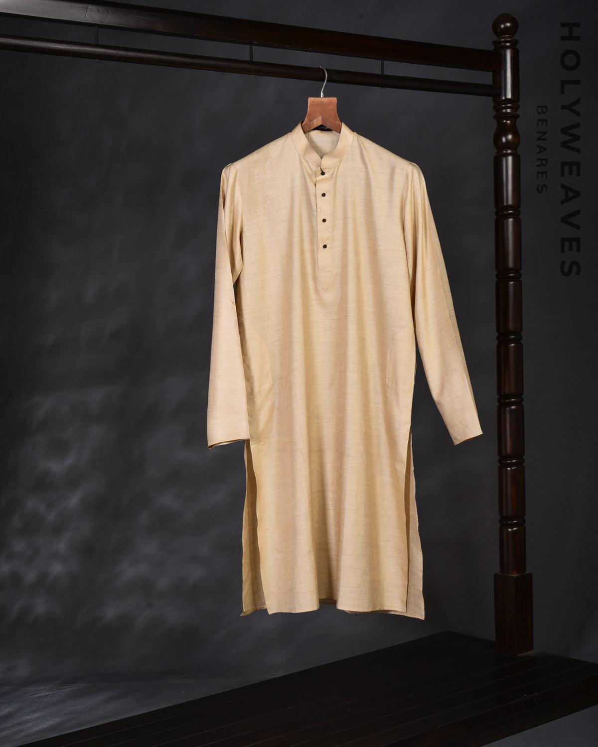 Beige Muga Silk Mens Kurta Pyjama - By HolyWeaves, Benares