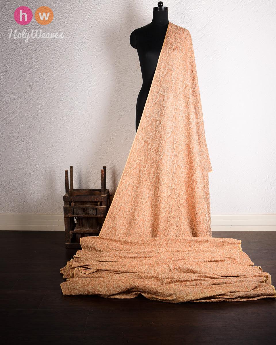 Beige Mustard Damask Jacquard Handwoven Linen Cotton Fabric - By HolyWeaves, Benares