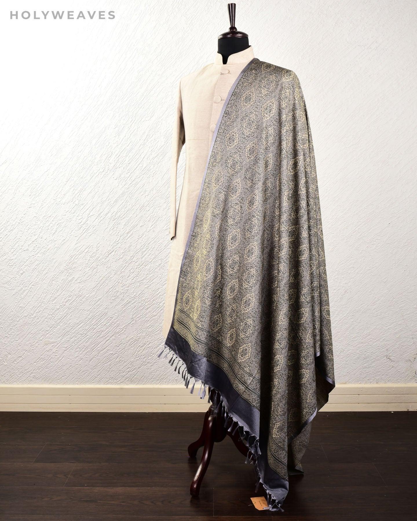 Beige On Gray Banarasi Alfi Damask Jamawar Handwoven Silk-wool Shawl - By HolyWeaves, Benares