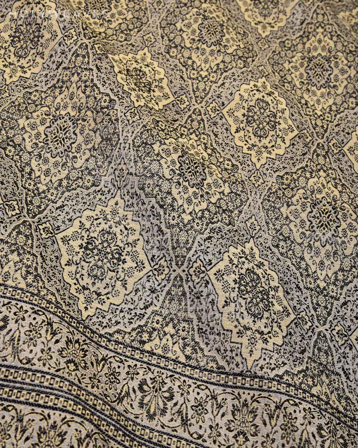 Beige On Gray Banarasi Alfi Damask Jamawar Handwoven Silk-wool Shawl - By HolyWeaves, Benares
