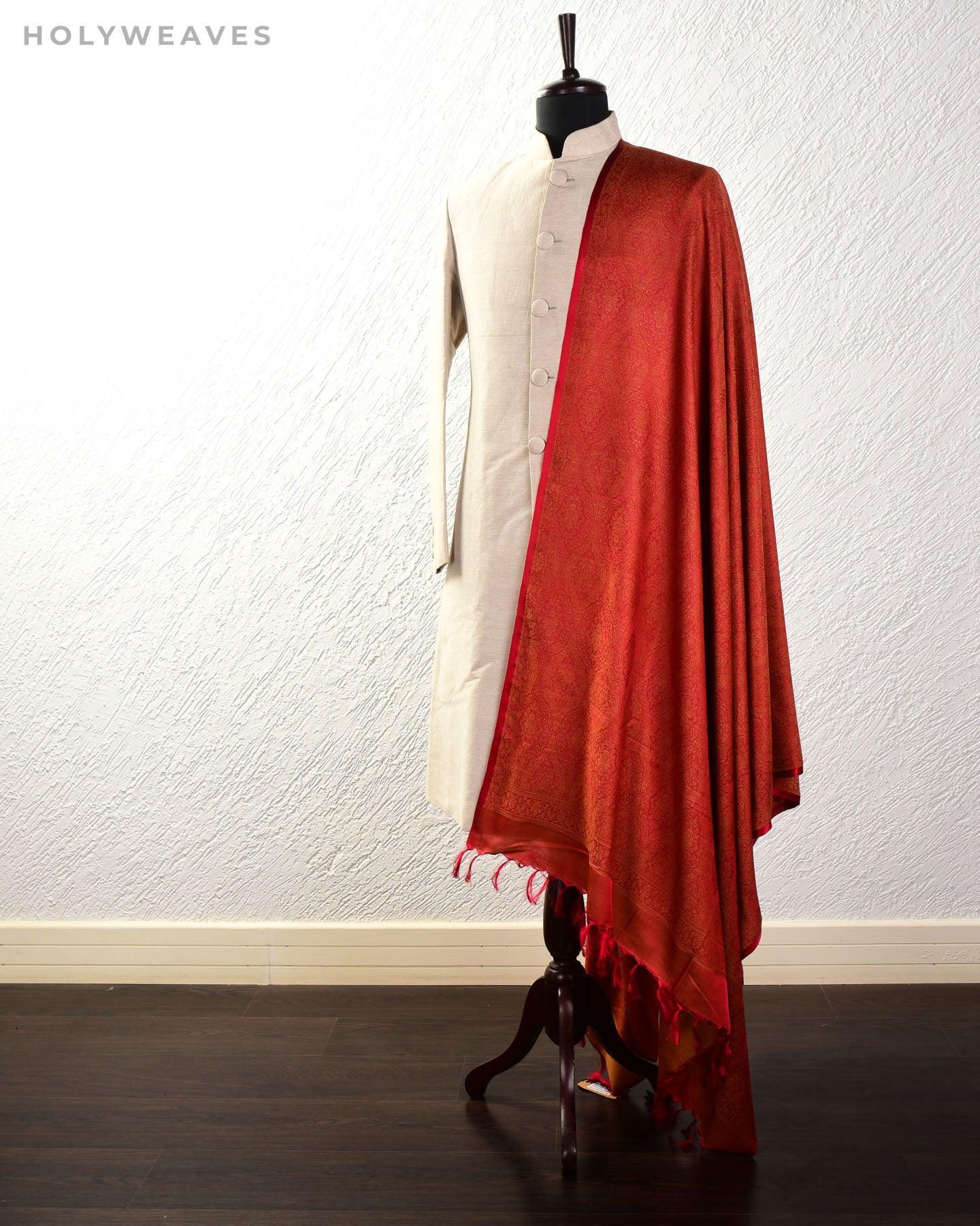 Beige on Red Banarasi Alfi Jamawar Handwoven Silk-wool Shawl - By HolyWeaves, Benares