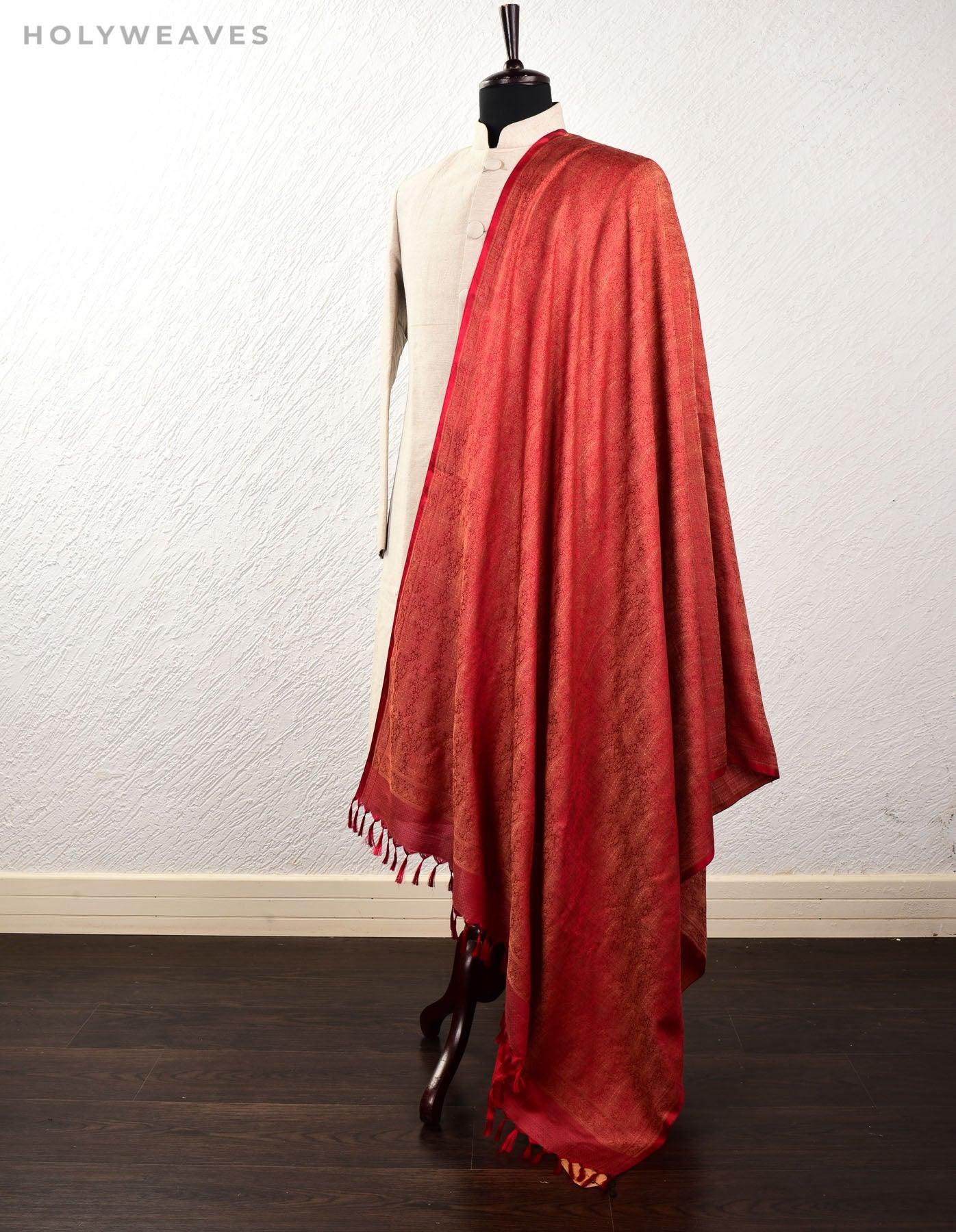 Beige On Red Banarasi Alfi Paisley Jamawar Handwoven Silk-wool Shawl - By HolyWeaves, Benares