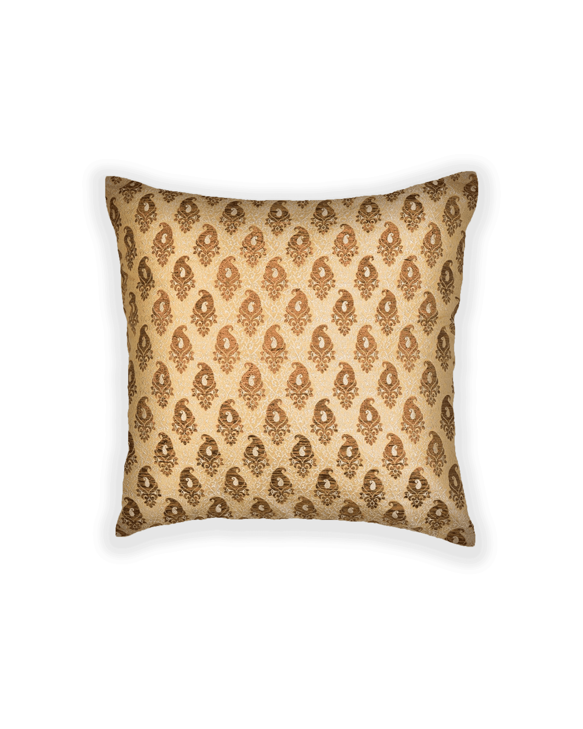 Beige Paisley Brocade Woven Poly Silk Cushion Cover 16" - By HolyWeaves, Benares