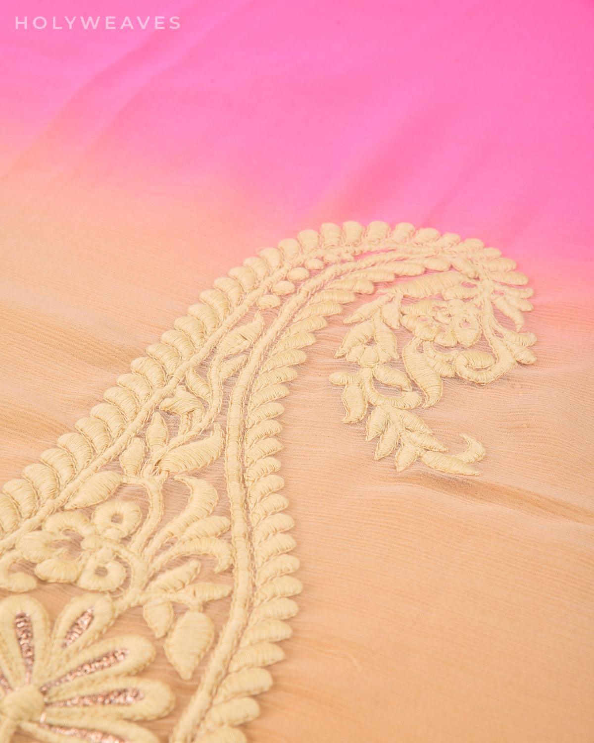 Beige-Pink Hand-embroidered Chiffon Saree - By HolyWeaves, Benares