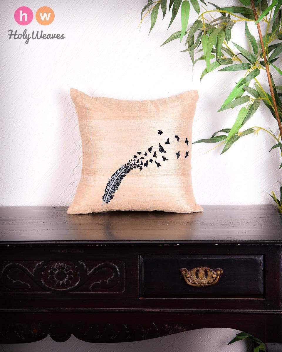 Beige Premium Hand-embroidered Raw Silk Centrepiece Cushion Cover 16" - By HolyWeaves, Benares