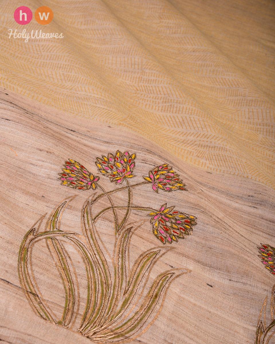 Beige Printed Body Hand-embroidered Tasar Muga Silk Dupatta - By HolyWeaves, Benares