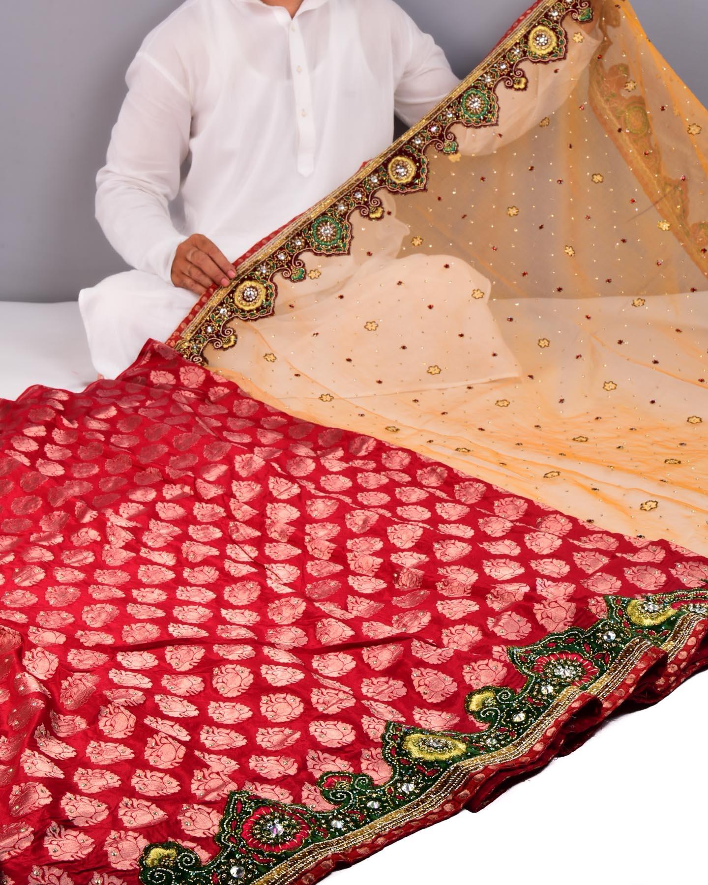 Beige-Red Hand-embroidered Handloom Net Saree - By HolyWeaves, Benares