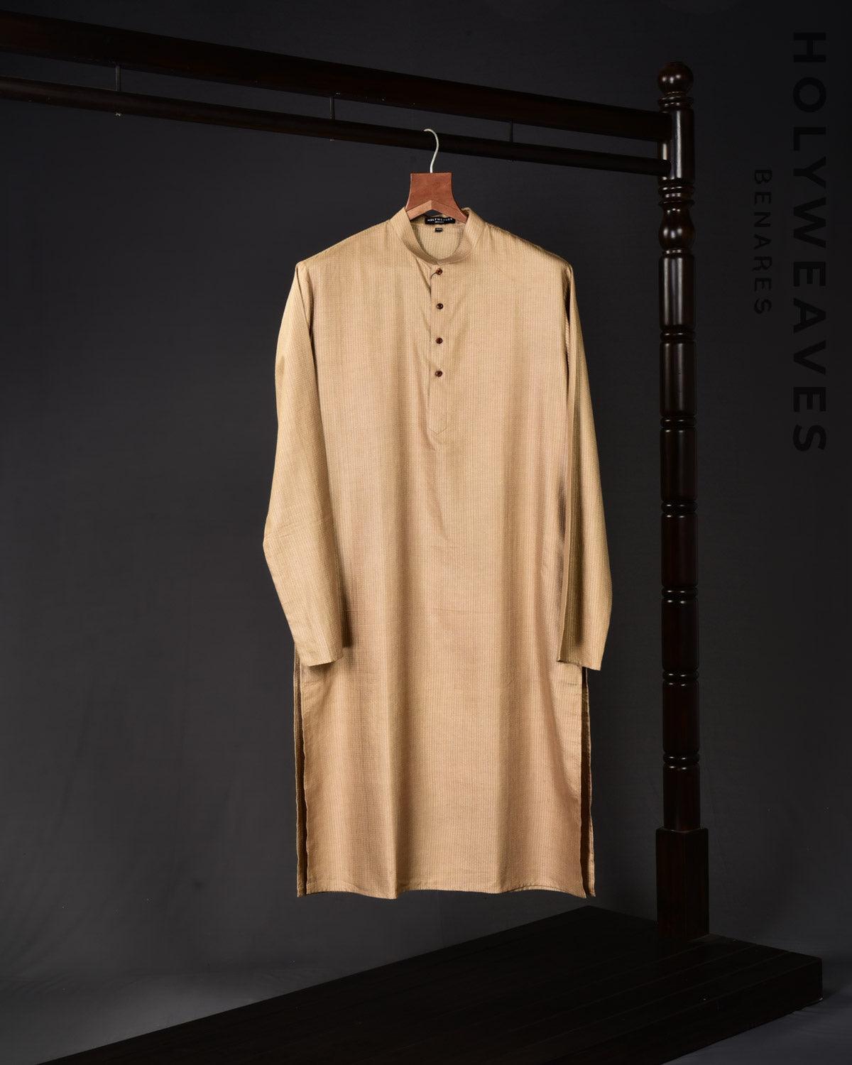 Beige Resham Stripe Jacquard Woven Blended Tasar Silk Mens Kurta Pyjama - By HolyWeaves, Benares