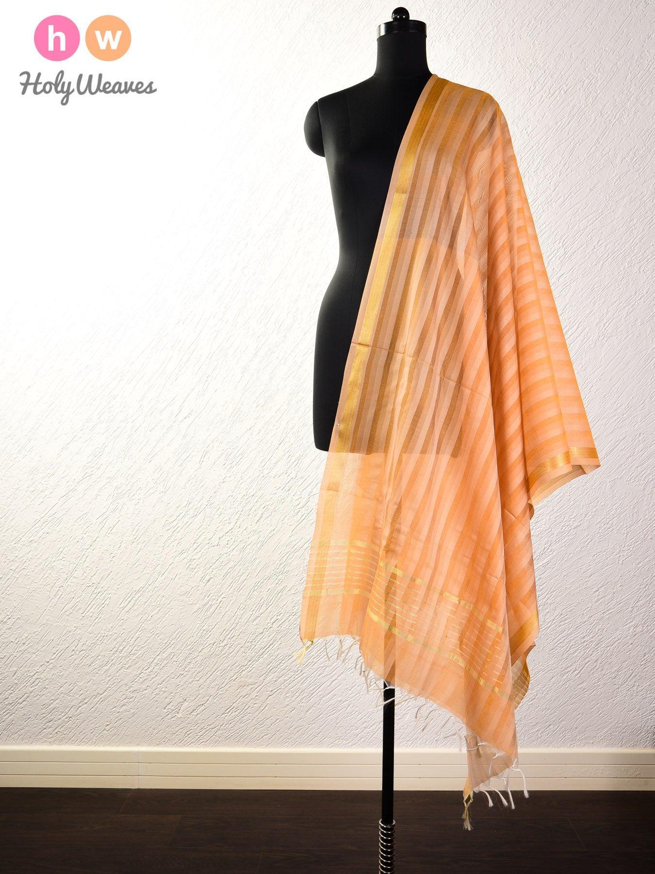 Beige Shadow Stripes Woven Poly Cotton Silk Dupatta - By HolyWeaves, Benares
