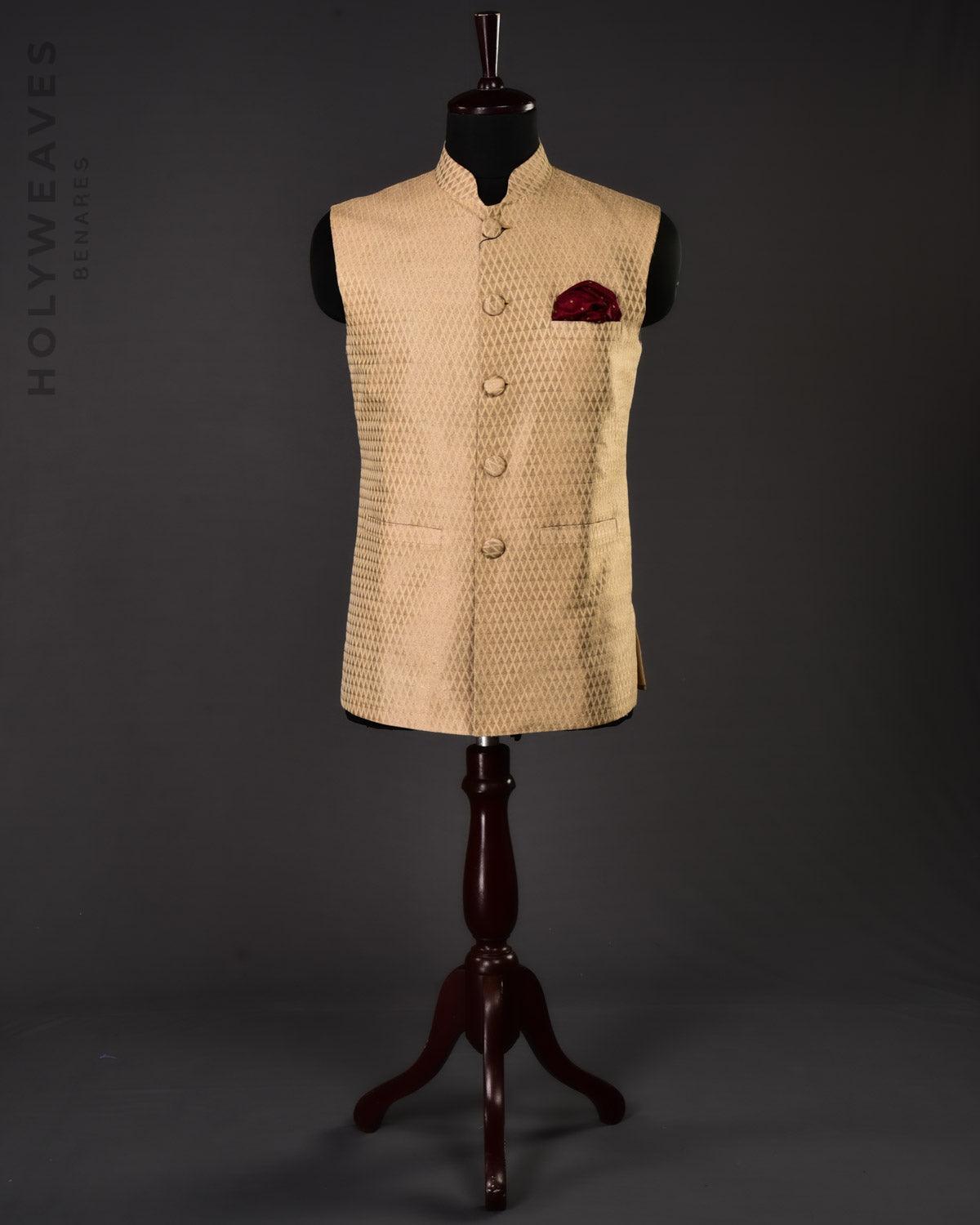 Beige Silk Brocade Slim Fit Mens Modi Jacket - By HolyWeaves, Benares