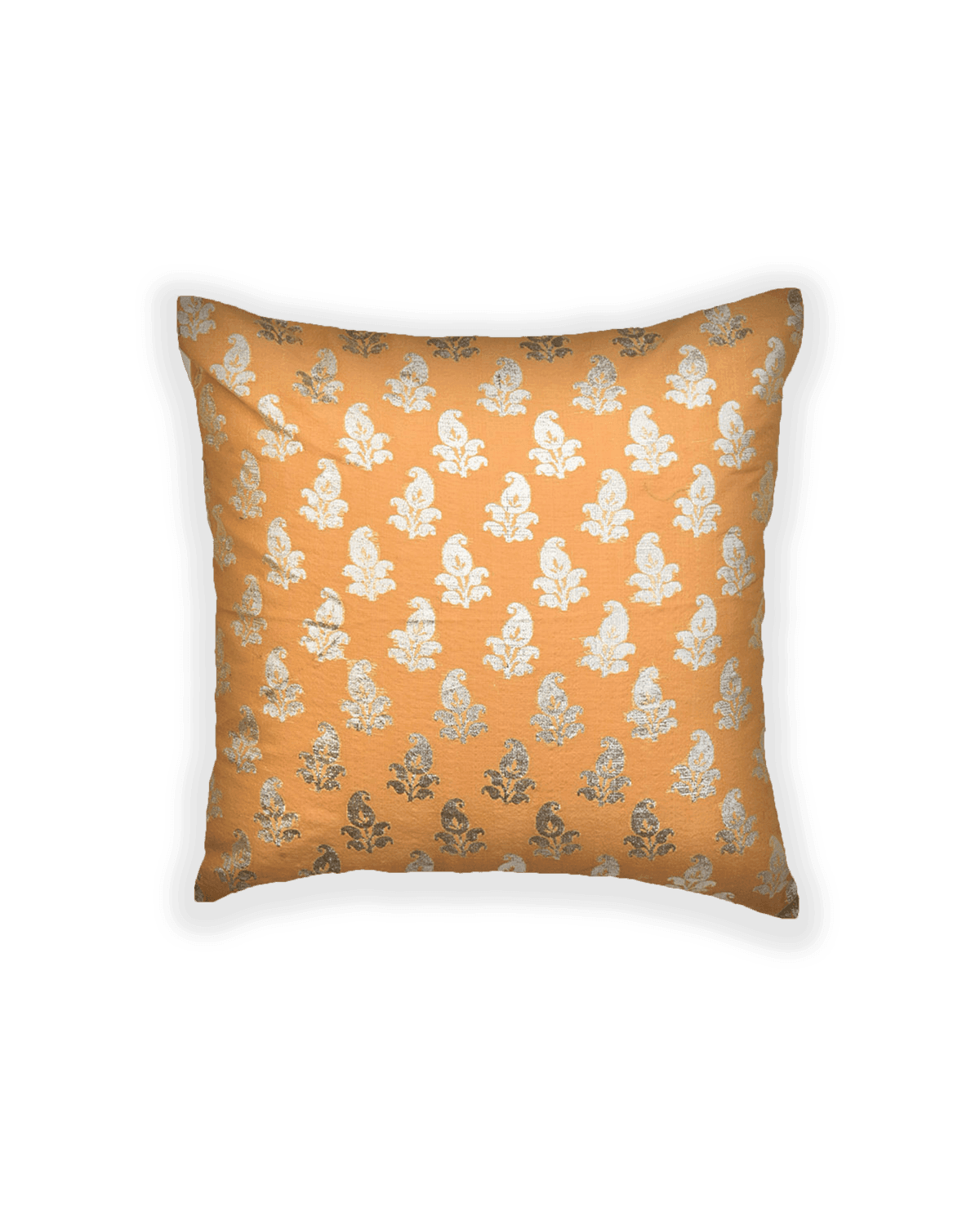 Beige Silver Zari Brocade Woven Cotton Silk Cushion Cover 16" - By HolyWeaves, Benares