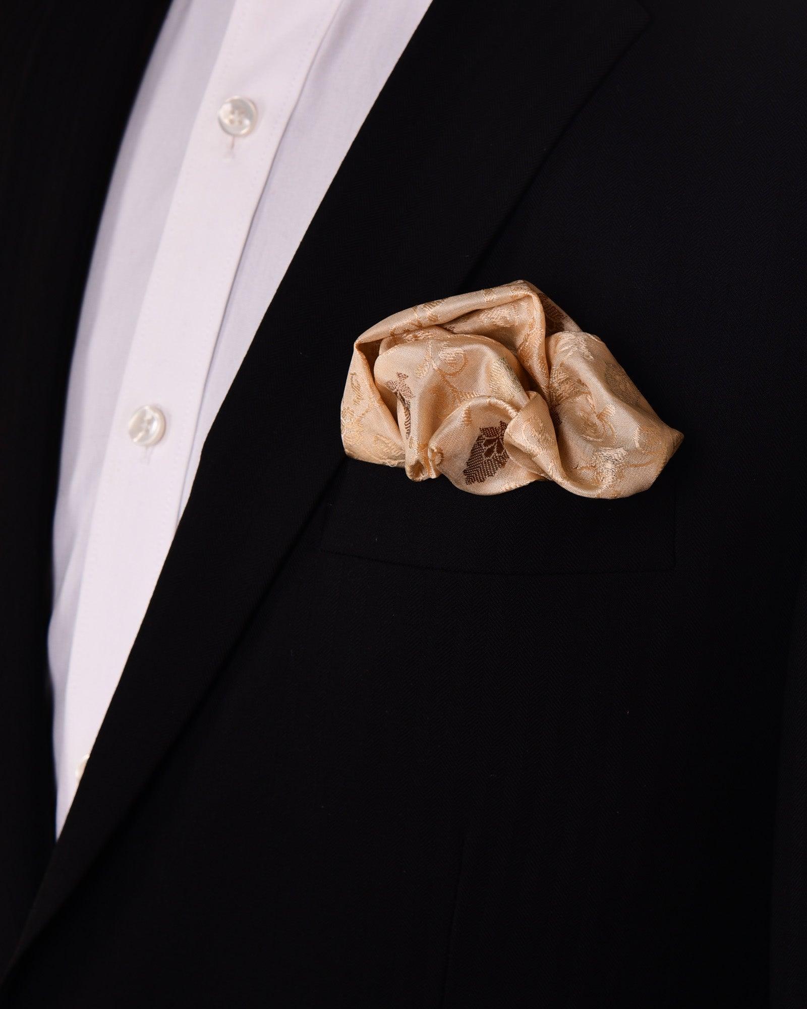 Beige Tanchoi Brocade with Gold & Copper Zari Accents Handwoven Pure Silk Pocket Square For Men - By HolyWeaves, Benares