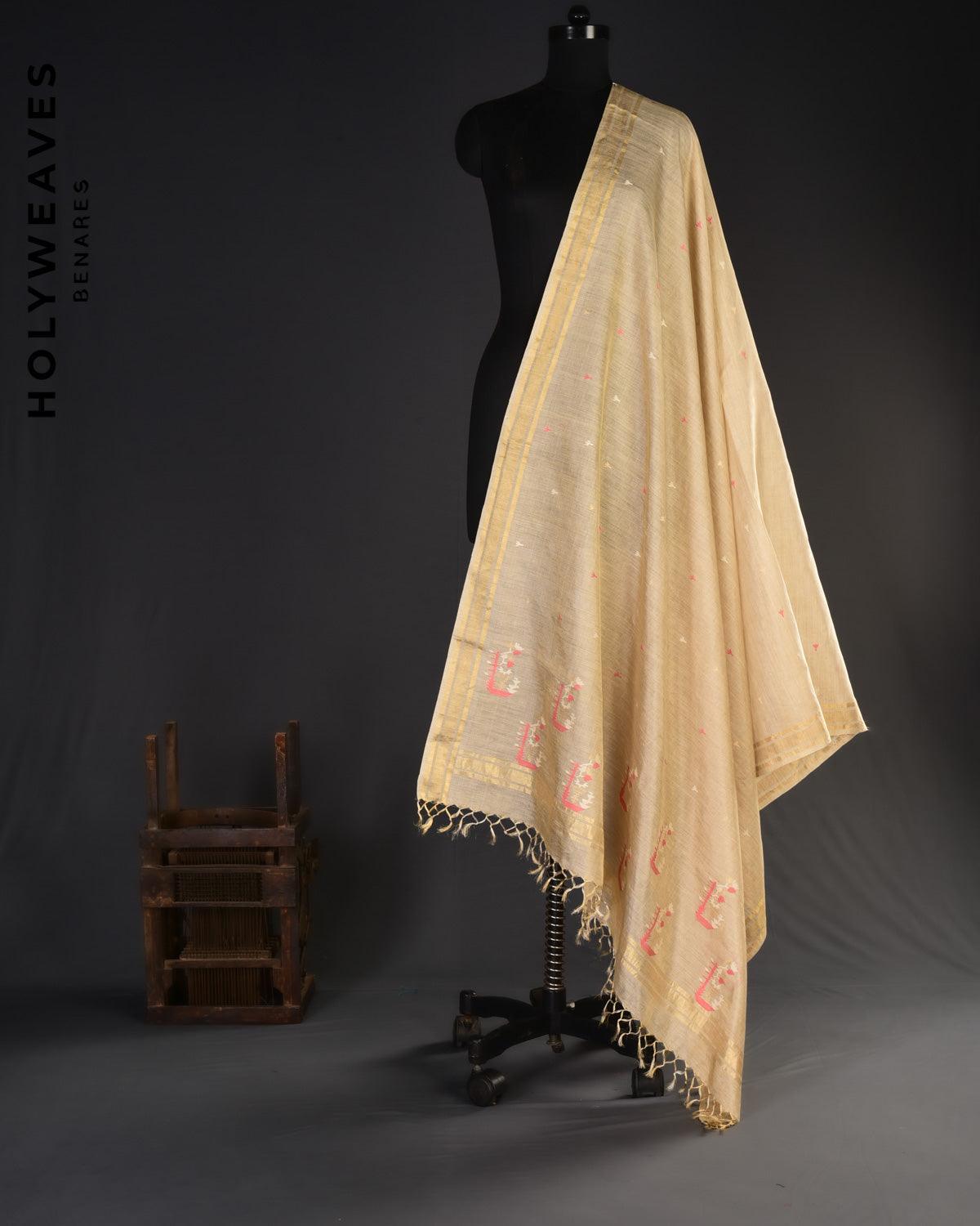 Beige Trident Buti Kadhuan Brocade Handwoven Tasar Muga Tissue Dupatta - By HolyWeaves, Benares