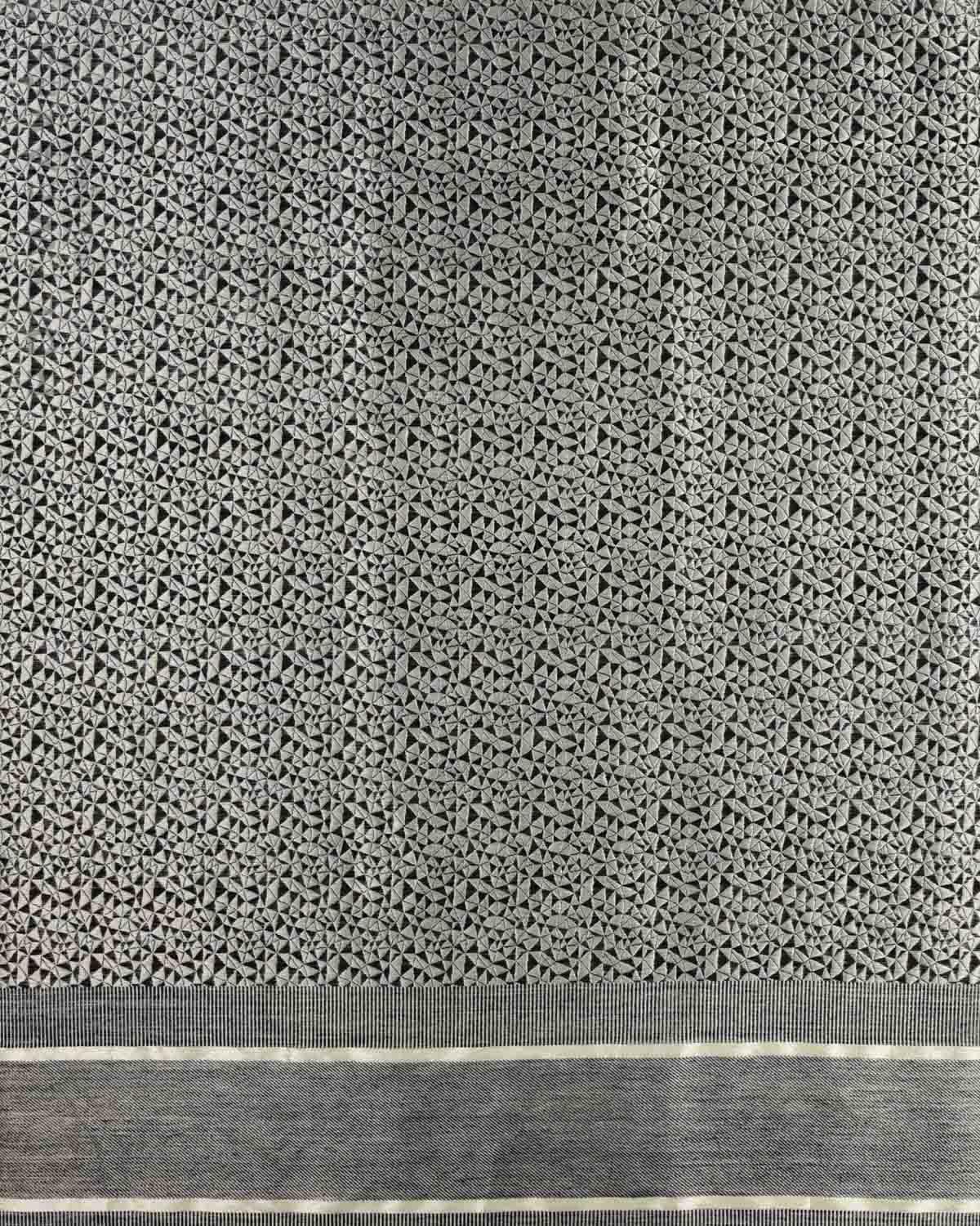 Black & Silver Banarasi Silver Zari Geometrical Jaal Brocade Handwoven Silk-Wool Dupatta Shawl - By HolyWeaves, Benares