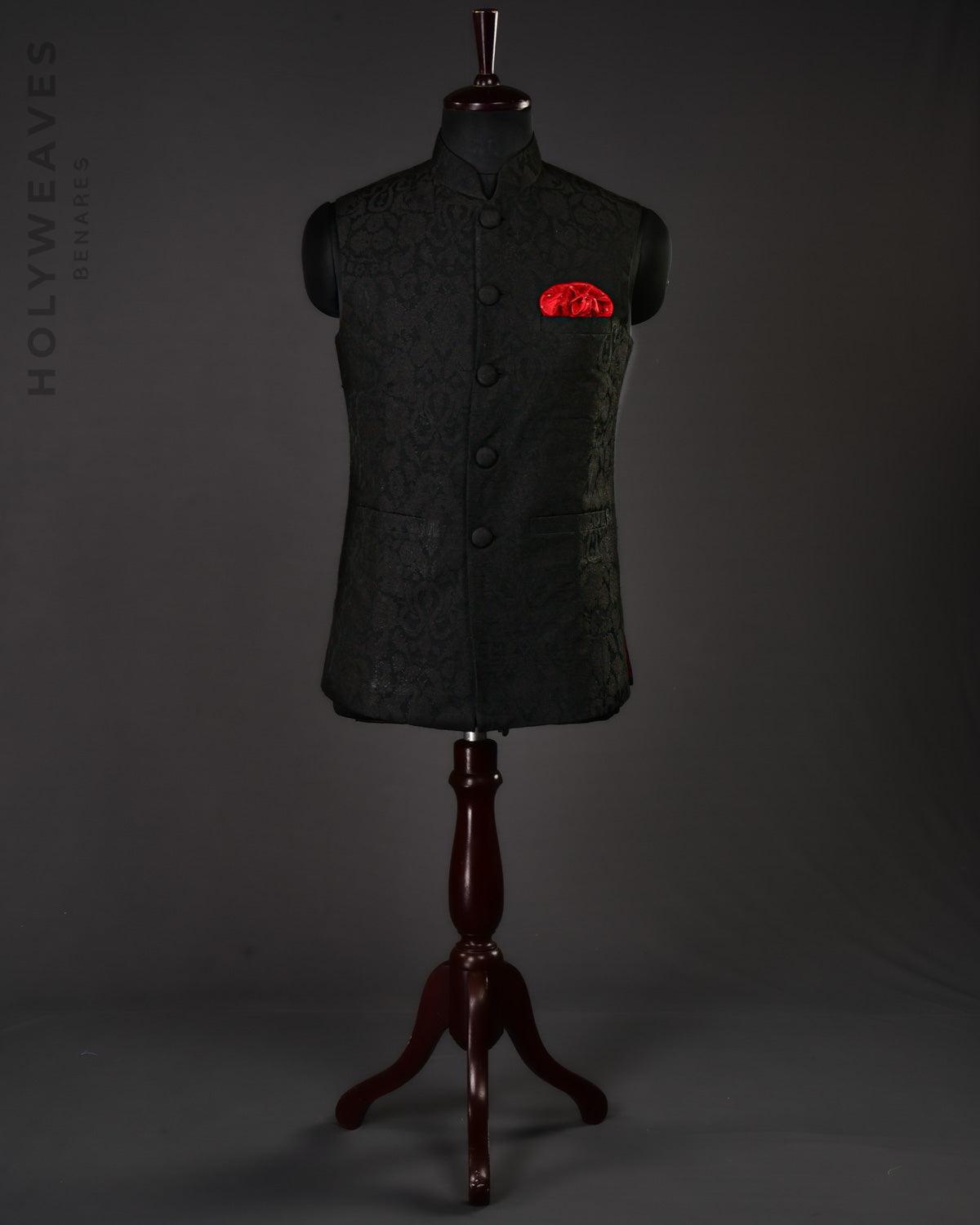 Black Art Silk Brocade Slim Fit Mens Modi Jacket - By HolyWeaves, Benares