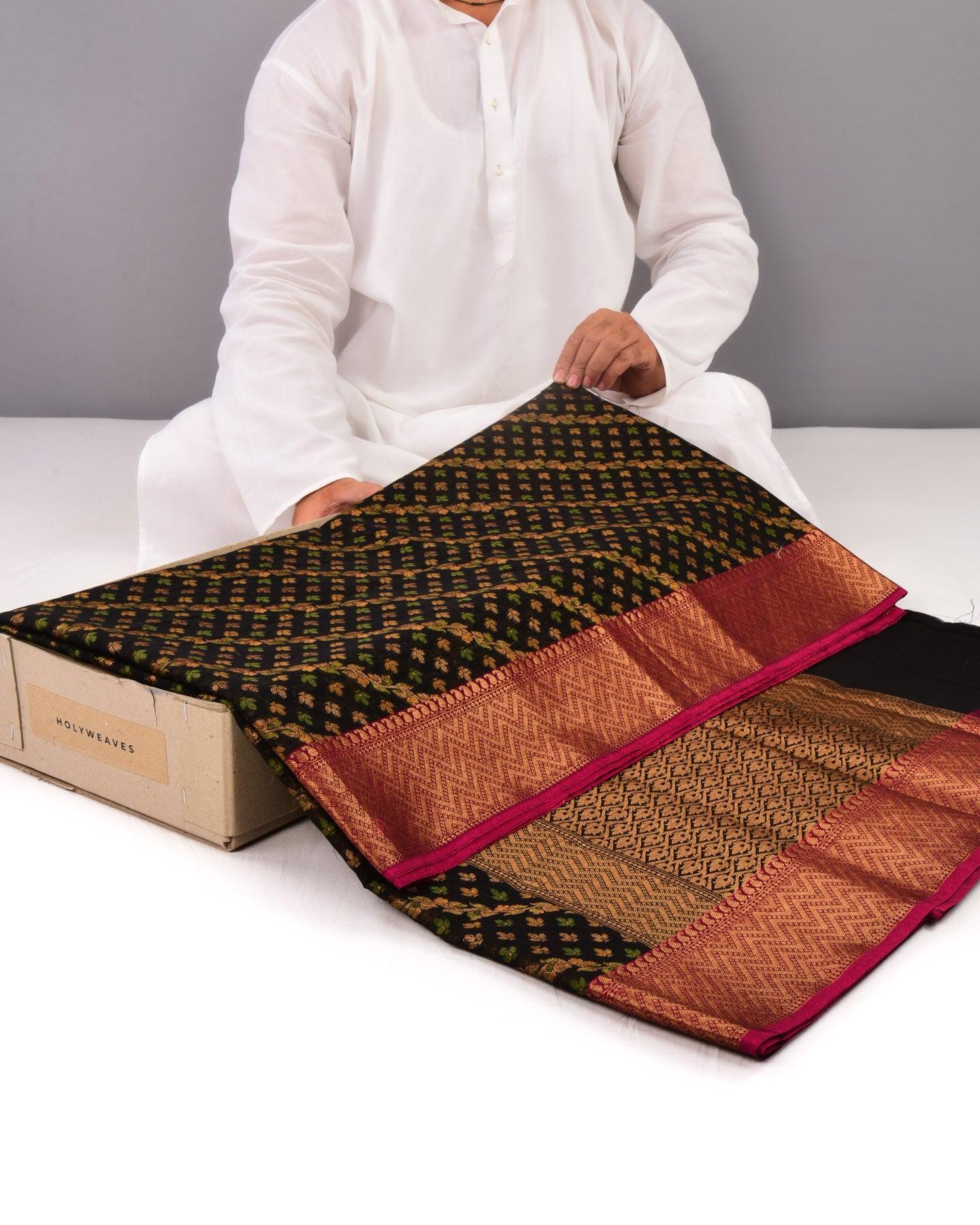 Black Banarasi 3-color Weave Cutwork Brocade Woven Cotton Silk Saree - By HolyWeaves, Benares