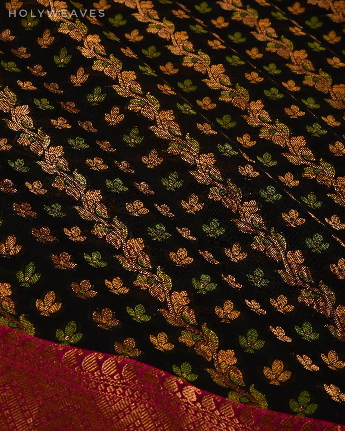 Black Banarasi 3-color Weave Cutwork Brocade Woven Cotton Silk Saree - By HolyWeaves, Benares