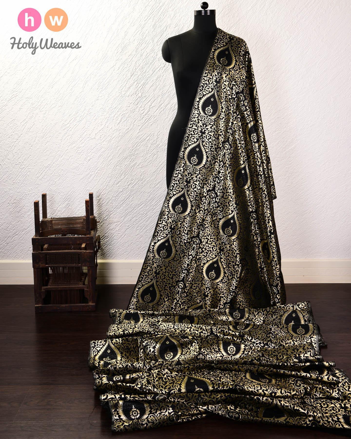 Black Banarasi Alfi Kimkhwab Brocade Handwoven Viscose Silk Fabric - By HolyWeaves, Benares