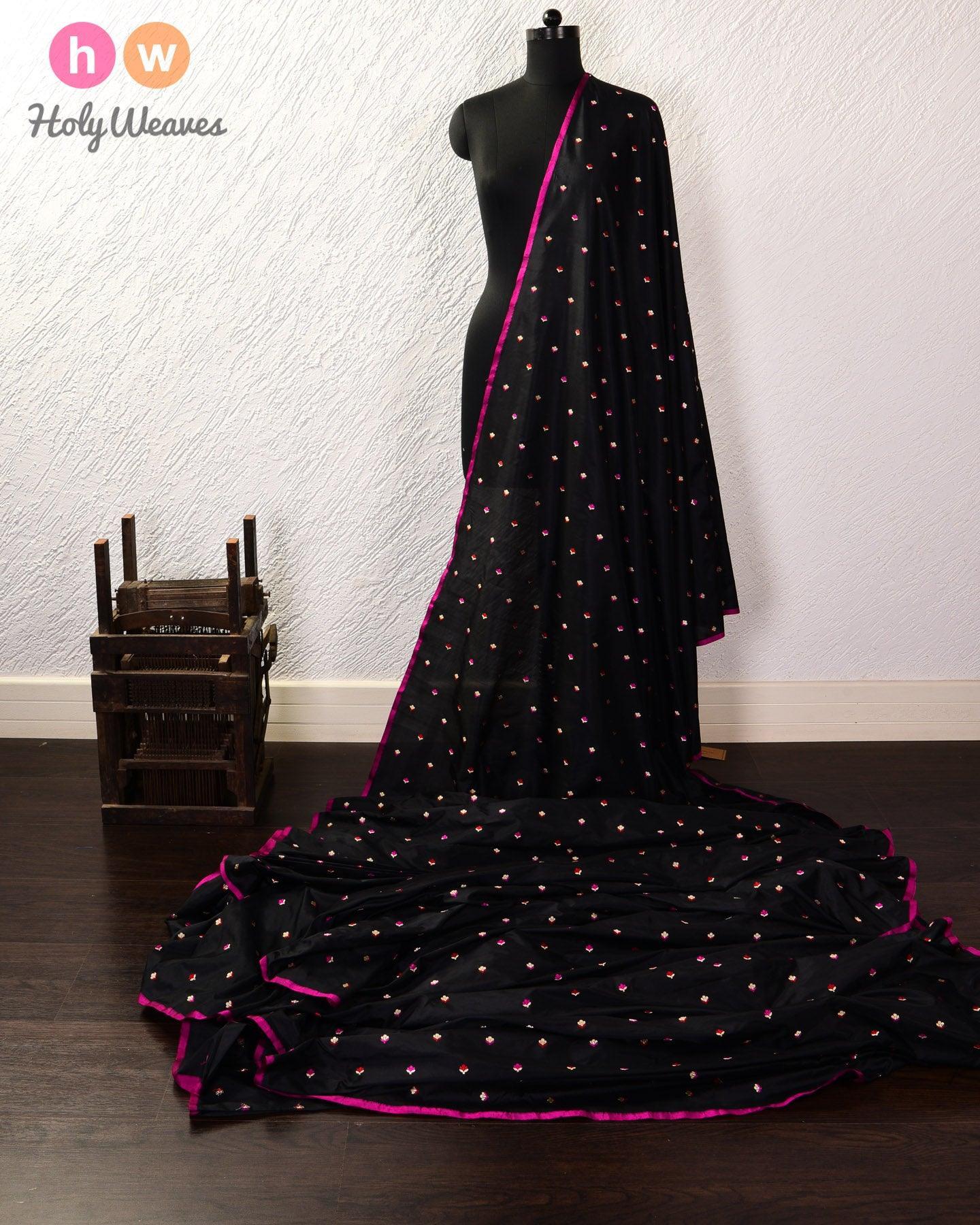 Black Banarasi Alfi Maheen Buti Kadhuan Brocade Handwoven Katan Silk Fabric - By HolyWeaves, Benares