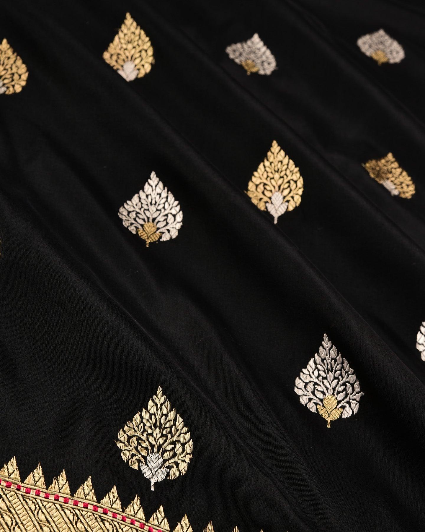 Black Banarasi Alfi Sona Rupa Buta Kadhuan Brocade Handwoven Katan Silk Saree - By HolyWeaves, Benares