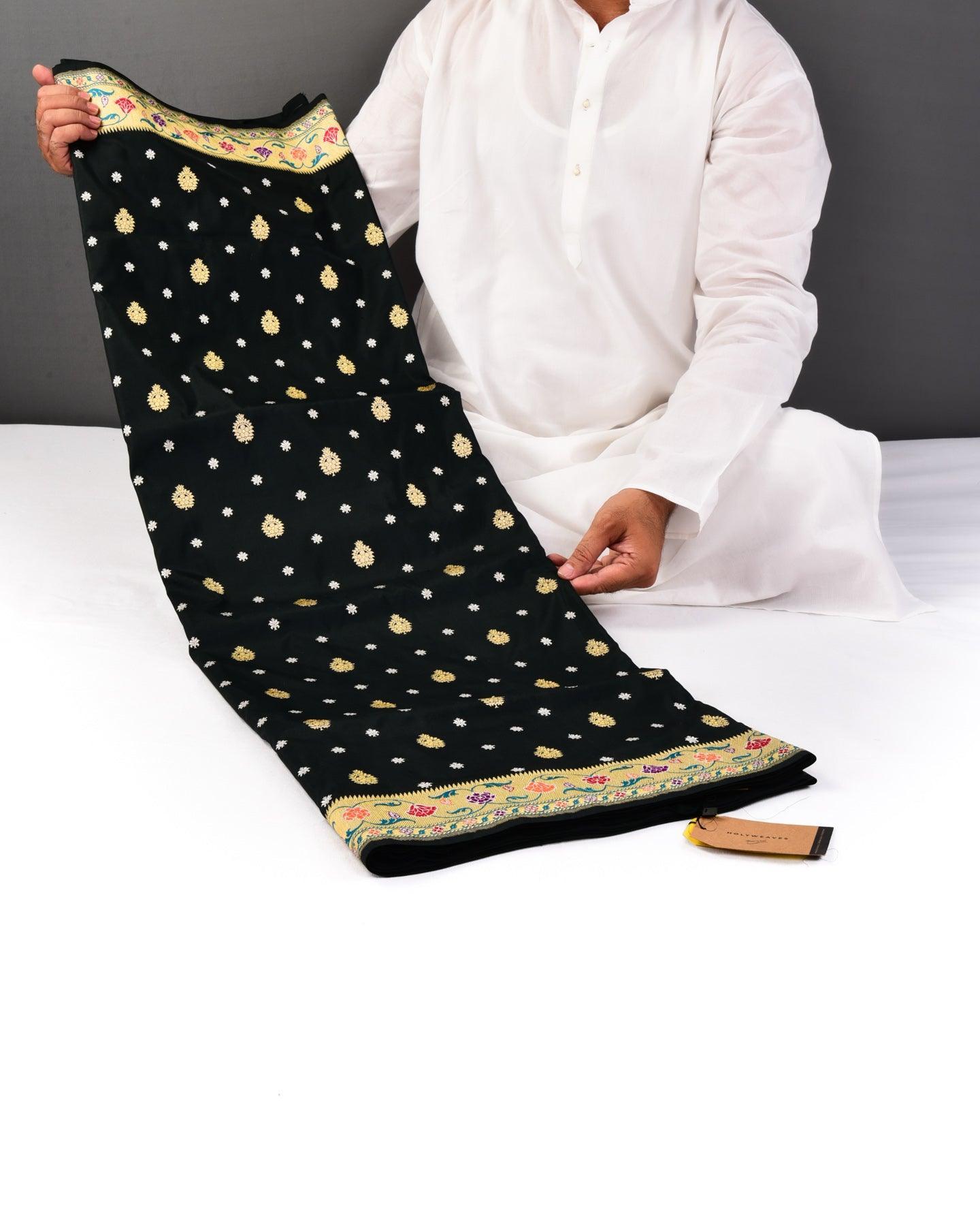 Black Banarasi Alfi Sona Rupa Buti Kadhuan Brocade Handwoven Katan Silk Saree with Meenekaari Border Pallu - By HolyWeaves, Benares