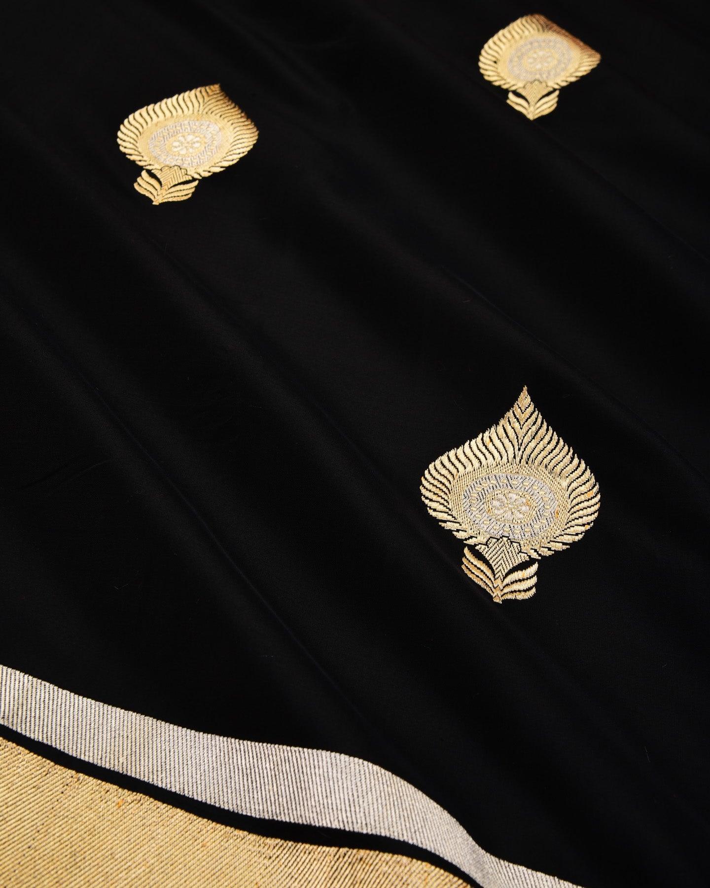 Black Banarasi Alfi Sona Rupa Kalgi Buta Kadhuan Brocade Handwoven Katan Silk Saree - By HolyWeaves, Benares