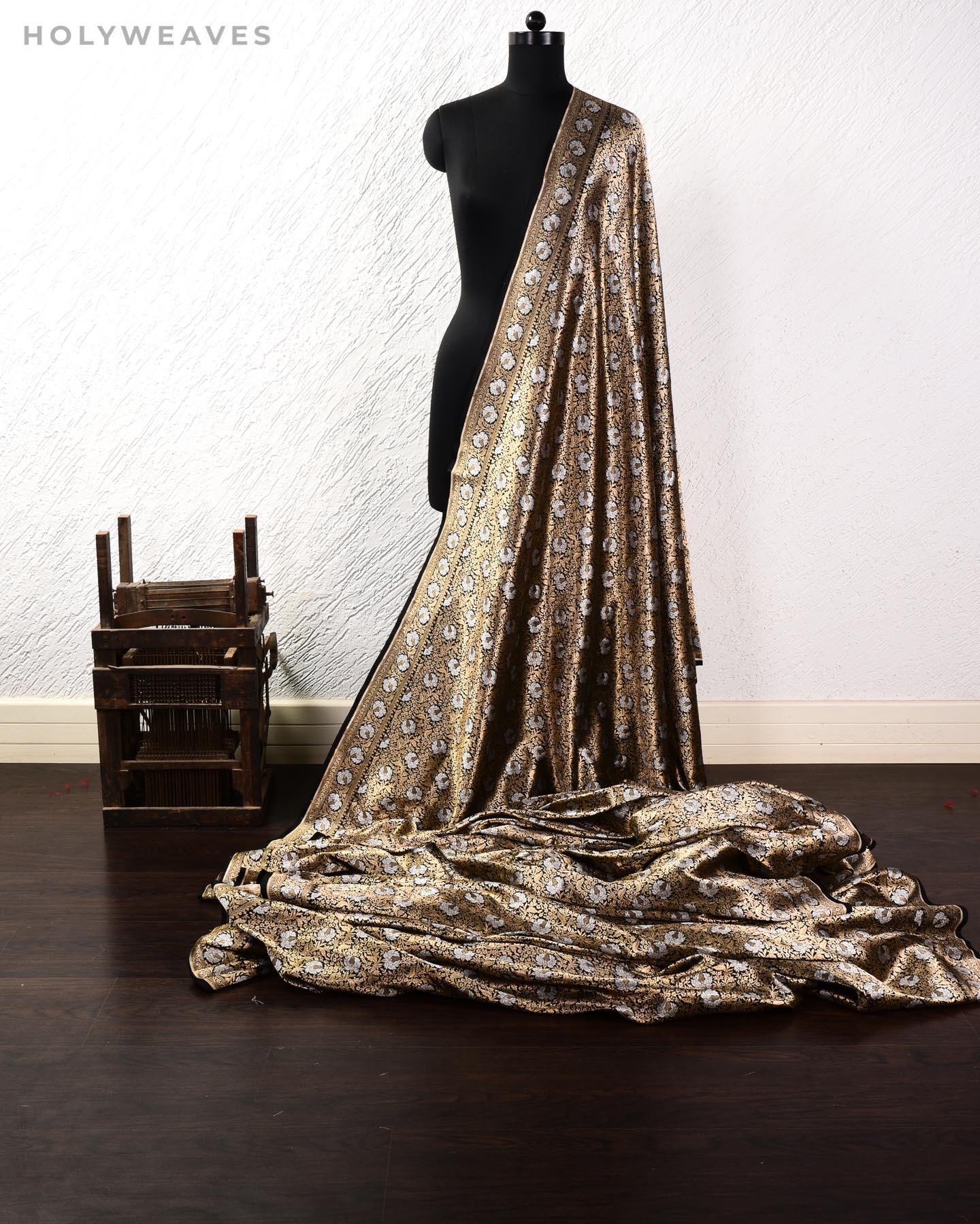 Black Banarasi Alfi Sona Rupa Kamal Jaal Cutwork Brocade Handwoven Katan Silk Fabric - By HolyWeaves, Benares
