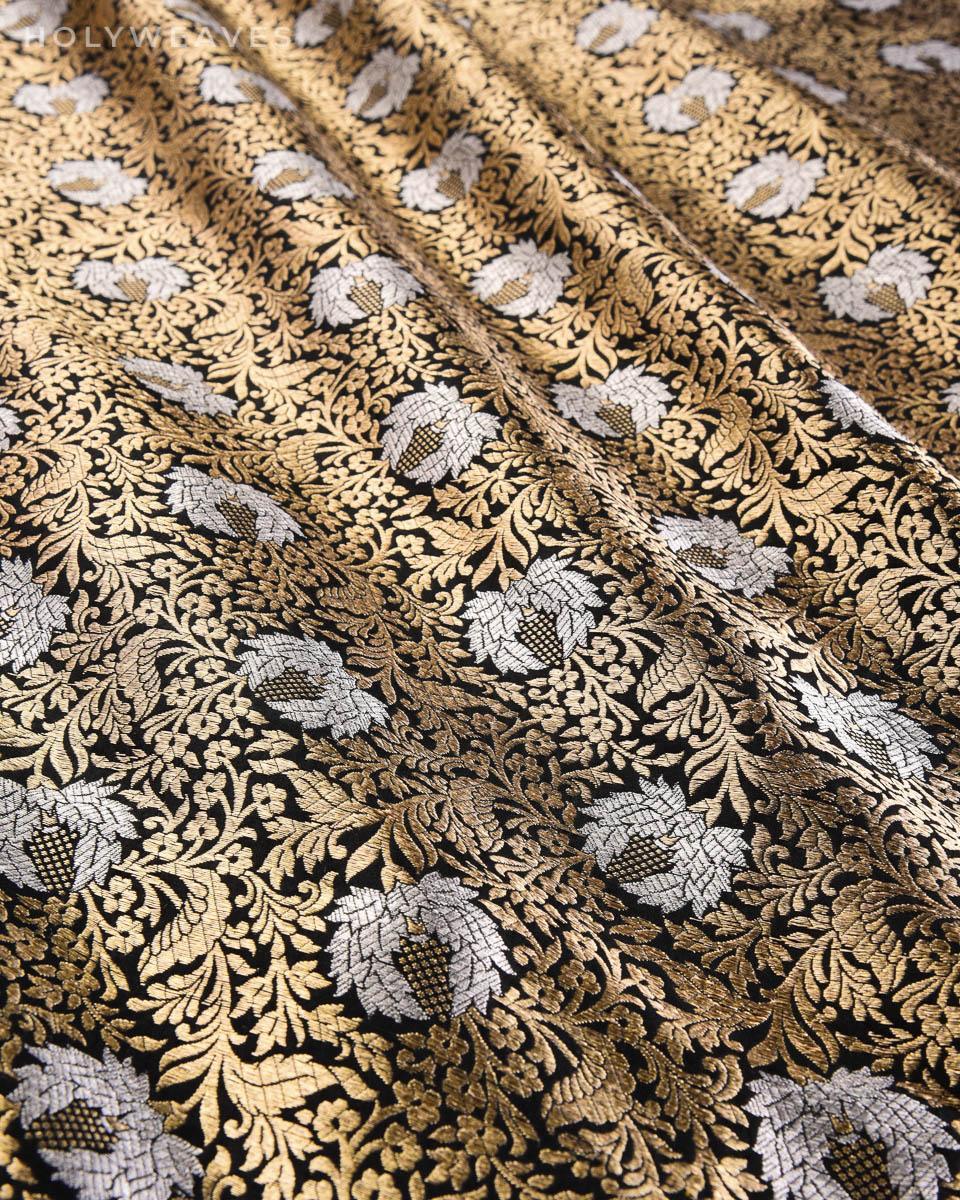 Black Banarasi Alfi Sona Rupa Kamal Jaal Cutwork Brocade Handwoven Katan Silk Fabric - By HolyWeaves, Benares