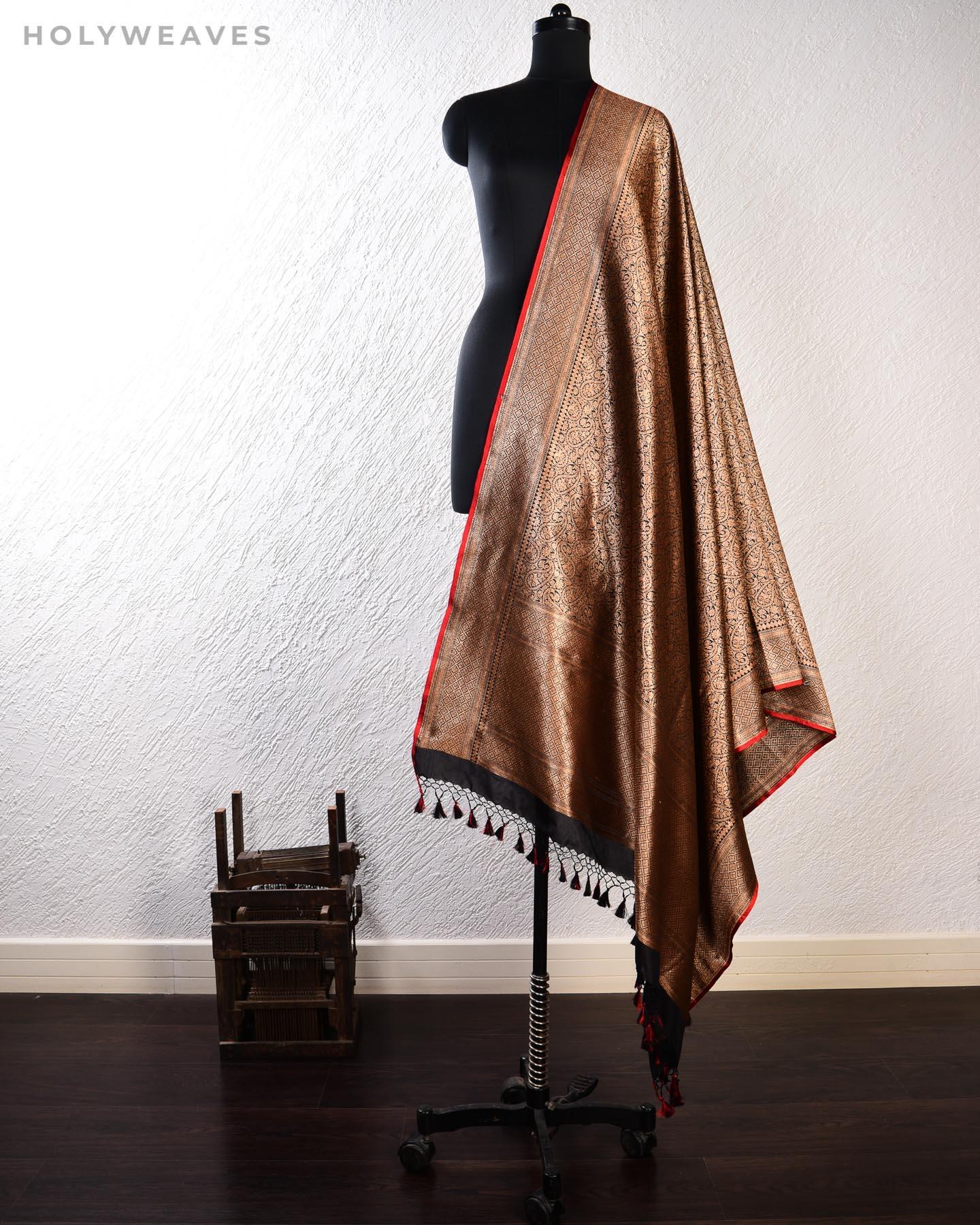 Black Banarasi Antique Zari Brocade Handwoven Katan Silk Dupatta - By HolyWeaves, Benares