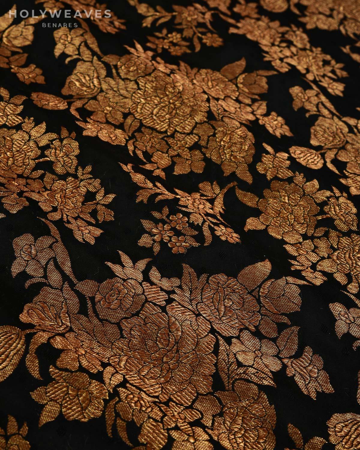 Black Banarasi Antique Zari Gulab Jaal Cutwork Brocade Handwoven Katan Silk Fabric - By HolyWeaves, Benares