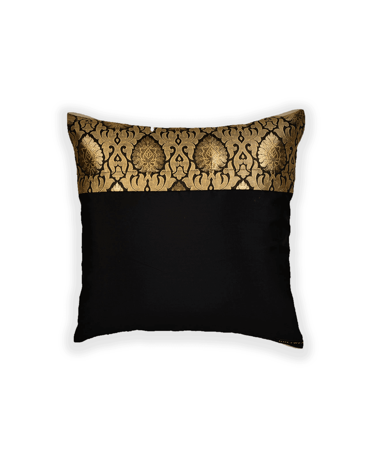 Black Banarasi Brocade Poly Silk Cushion Cover 16" - By HolyWeaves, Benares