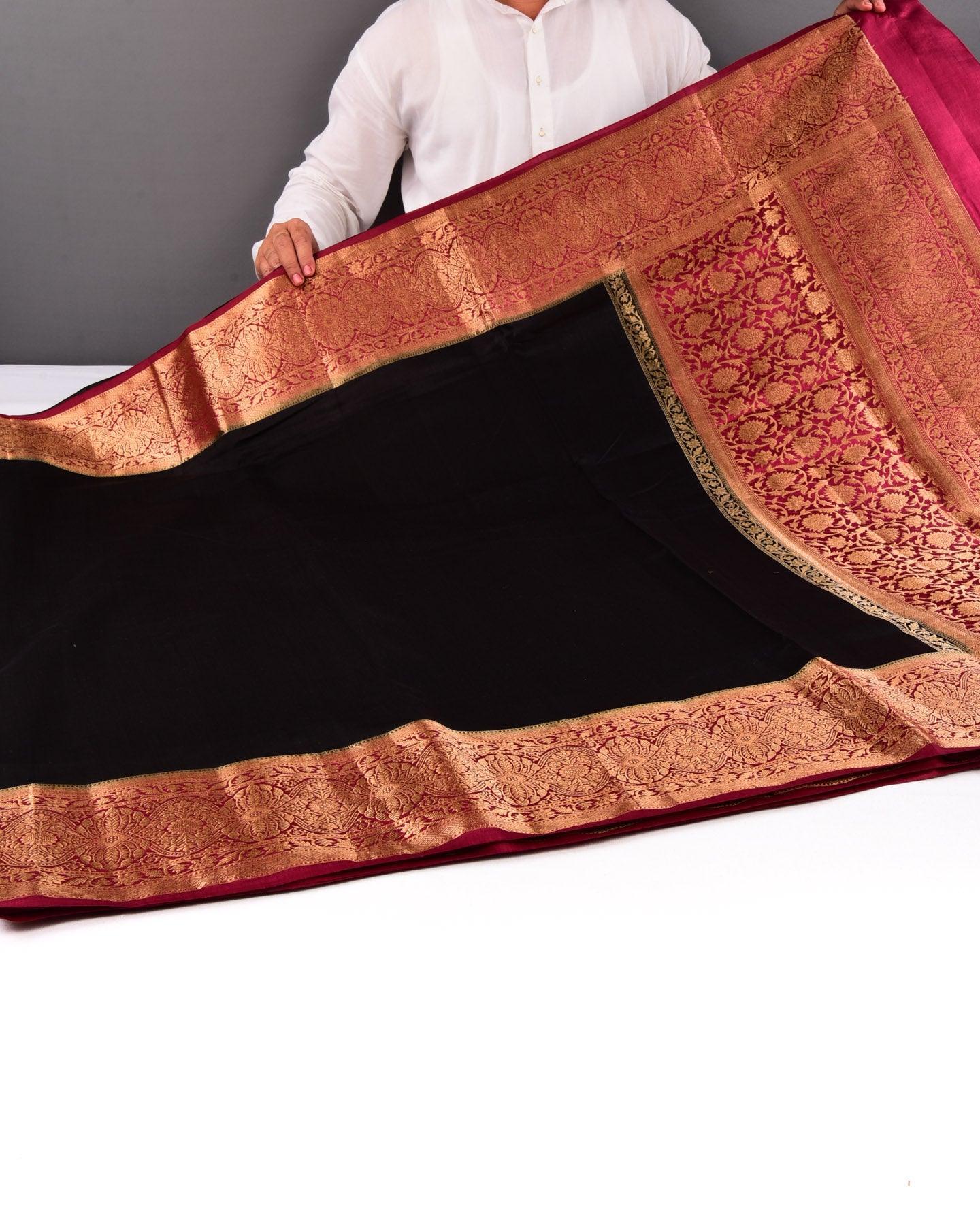 Black Banarasi Brocade Woven Spun Silk Saree with Contrast Maroon Zari Brocade Border - By HolyWeaves, Benares