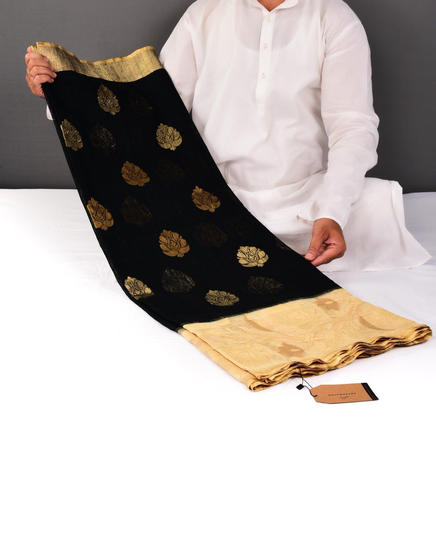 Black Banarasi Buta Kadhuan Brocade Handwoven Raw Silk Net Saree with Kadiyal Tissue Border - By HolyWeaves, Benares