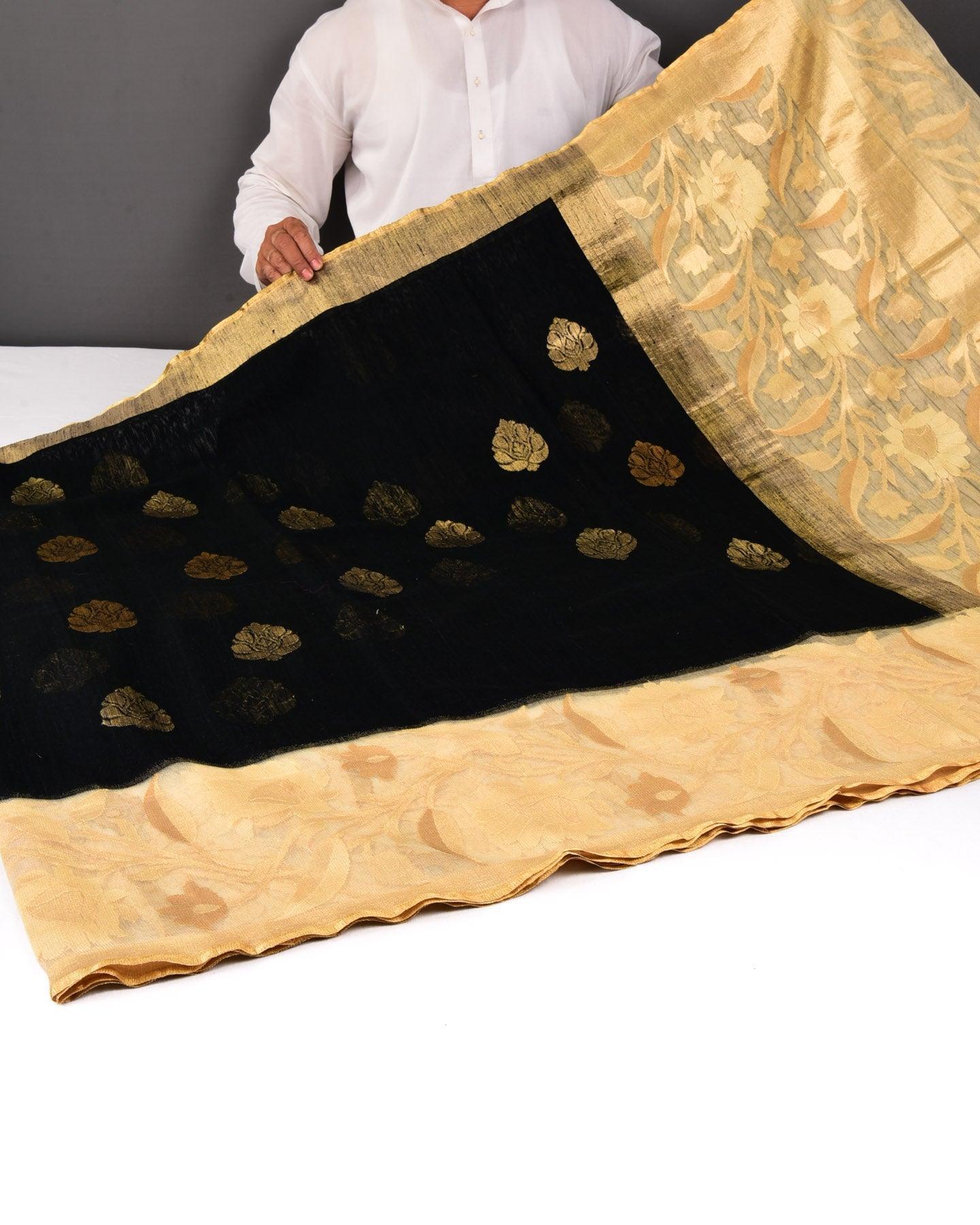 Black Banarasi Buta Kadhuan Brocade Handwoven Raw Silk Net Saree with Kadiyal Tissue Border - By HolyWeaves, Benares