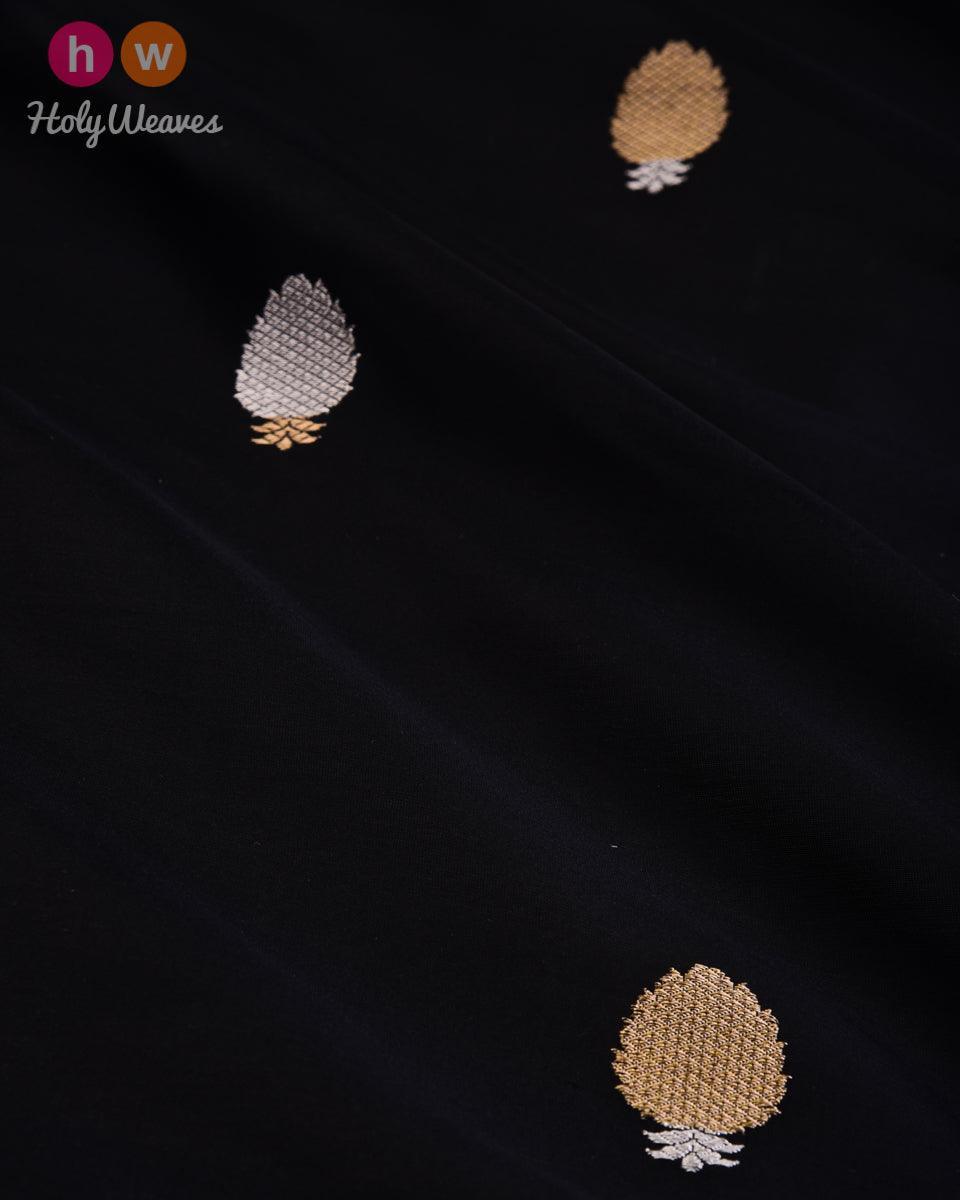 Black Banarasi Buti Alfi Sona-Rupa Kadhuan Brocade Handwoven Katan Silk Fabric with Brocade Border - By HolyWeaves, Benares