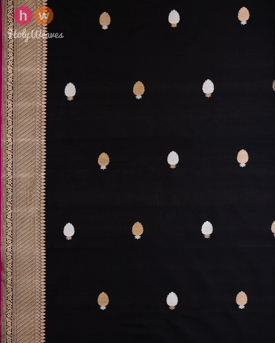 Black Banarasi Buti Alfi Sona-Rupa Kadhuan Brocade Handwoven Katan Silk Fabric with Brocade Border - By HolyWeaves, Benares