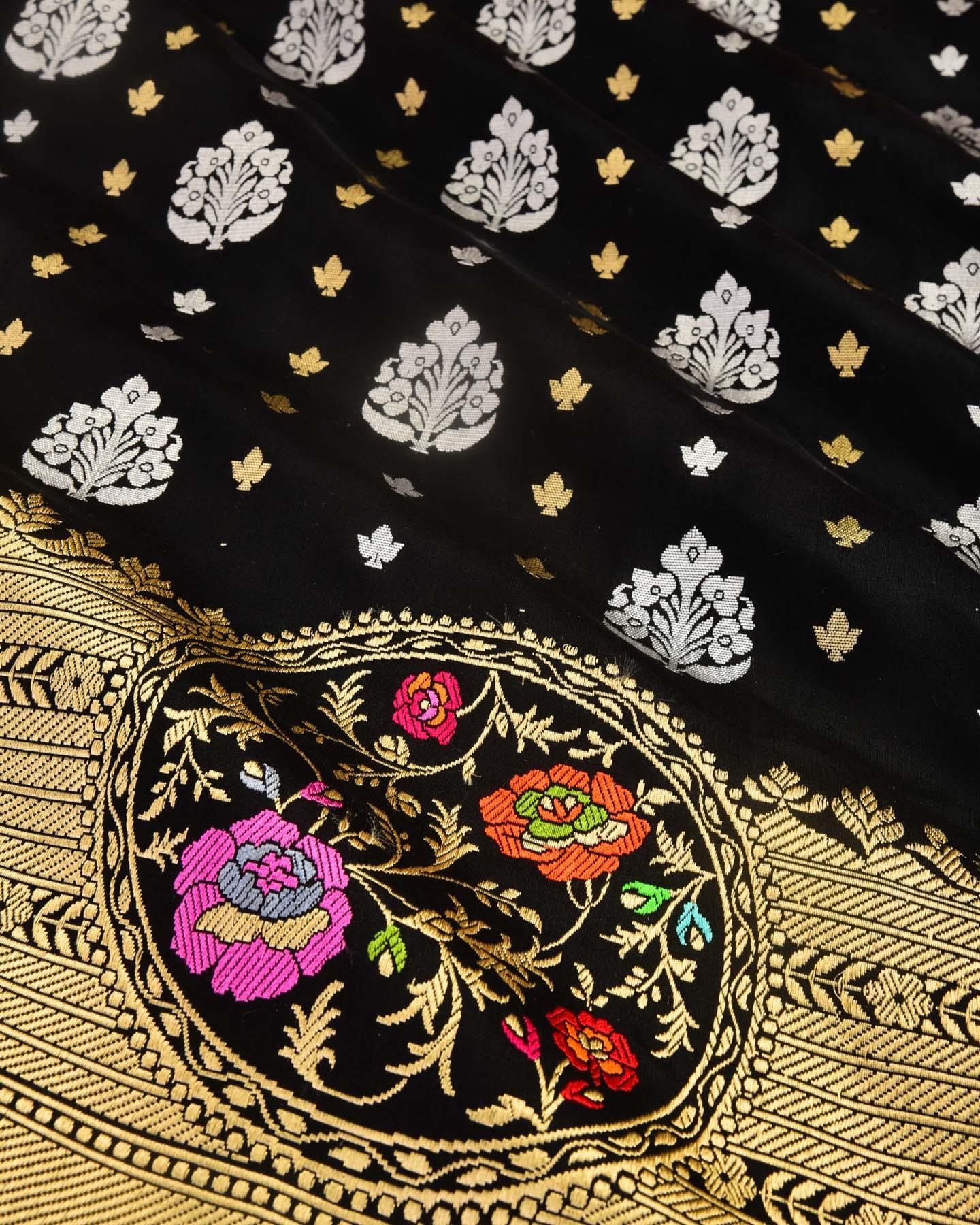 Black Banarasi Chauhara Meena Cutwork Brocade Handwoven Katan Silk Saree - By HolyWeaves, Benares